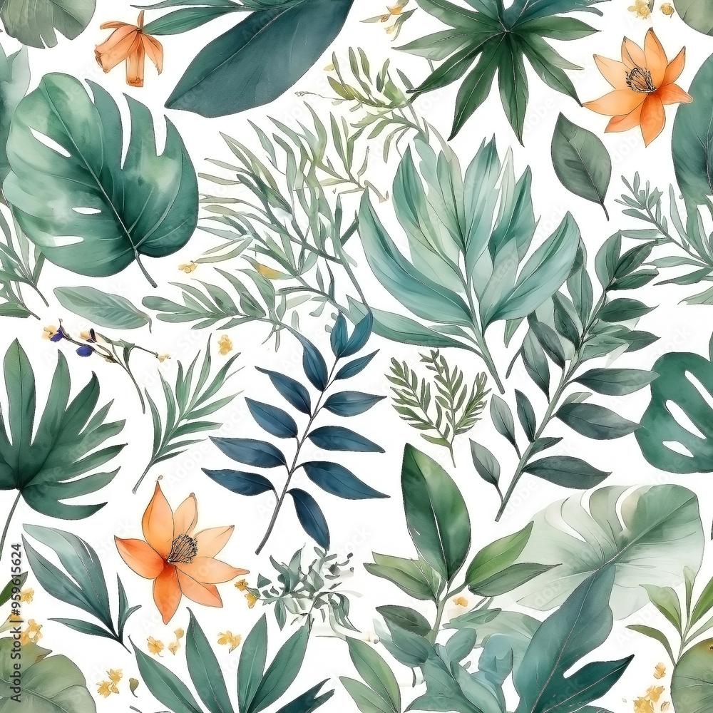 Fototapeta premium seamless Watercolor Pattern using botanical elements.