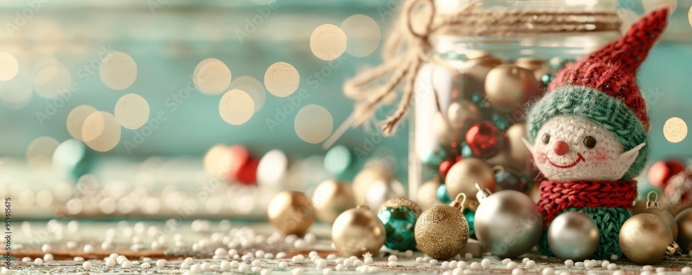 Festive scene featuring a charming elf figurine surrounded by colorful ornaments and a jar, perfect for holiday cheer. Festive scene featuring a charming elf figurine surrounded by colorful ornaments and a jar, perfect for holiday cheer.