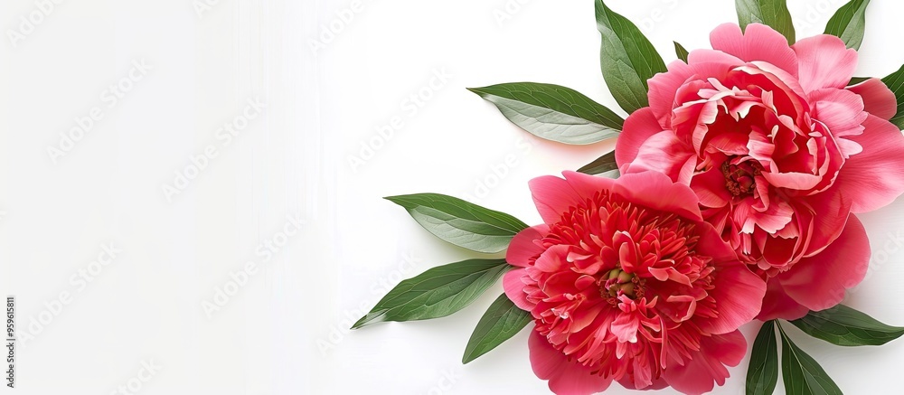 Peony against a white backdrop with area for text Template for text phrases congratulations or lettering. Copy space image. Place for adding text and design Peony against a white backdrop with area for text Template for text phrases congratulations or lettering. Copy space image. Place for adding text and design