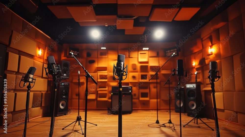 Fototapeta premium A modern recording studio with multiple microphones arranged on stands, soundproof walls, and recording equipment, showcasing a professional music environment