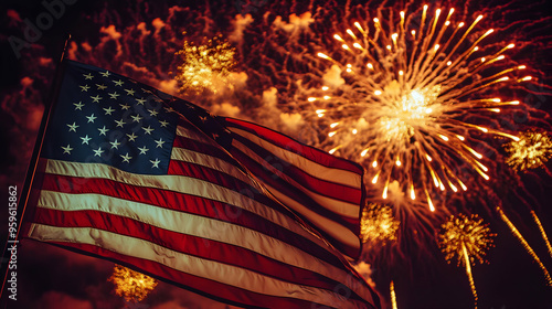 American flag waving with fireworks in the background.