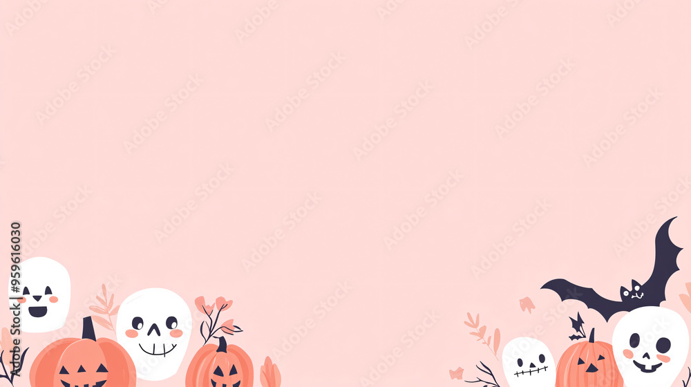 A lively Halloween border made with simple flat shapes, featuring cute pumpkins and smiling skulls. The design is minimalist, using a pink color scheme with bold, flat colors. The pumpkins and skulls A lively Halloween border made with simple flat shapes, featuring cute pumpkins and smiling skulls. The design is minimalist, using a pink color scheme with bold, flat colors. The pumpkins and skulls