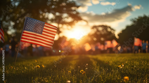 American flags waving in a ...