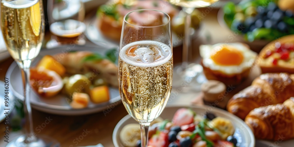 A detailed view of a champagne glass set among an array of breakfast and brunch items, such as croissants, eggs benedict, coffee, and fruits, with a selective focus.