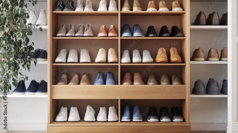 A modern shoe rack with adjustable shelves, displaying a diverse selection of shoes including casual, formal, and seasonal footwear, in a well-organized space A modern shoe rack with adjustable shelves, displaying a diverse selection of shoes including casual, formal, and seasonal footwear, in a well-organized space