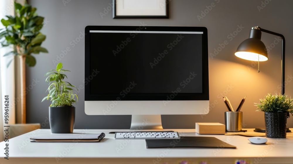 A modern workspace featuring a sleek desk with a computer, notebook, and desk lamp, set against a clean, minimalist background for a professional look A modern workspace featuring a sleek desk with a computer, notebook, and desk lamp, set against a clean, minimalist background for a professional look