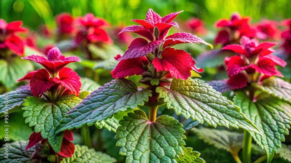 a photo image of a bright red-red dead nettle (Lamium purpureum) growing amidst leafy green foliage in a lush meadow a photo image of a bright red-red dead nettle (Lamium purpureum) growing amidst leafy green foliage in a lush meadow
