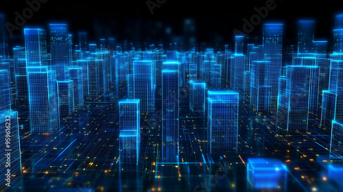 Futuristic Holographic Cityscape with Network Grid and Digital Hub, Virtual Urban Environment