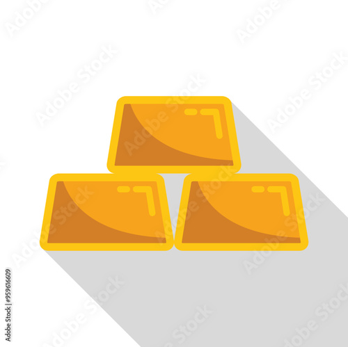 Vector illustration of three shiny gold ingots casting a long shadow on a white background