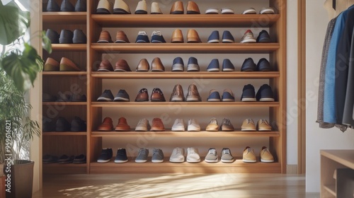 Wallpaper Mural A neatly organized shoe rack with an array of shoes, including casual and formal styles, arranged on shelves in a well-lit entryway Torontodigital.ca