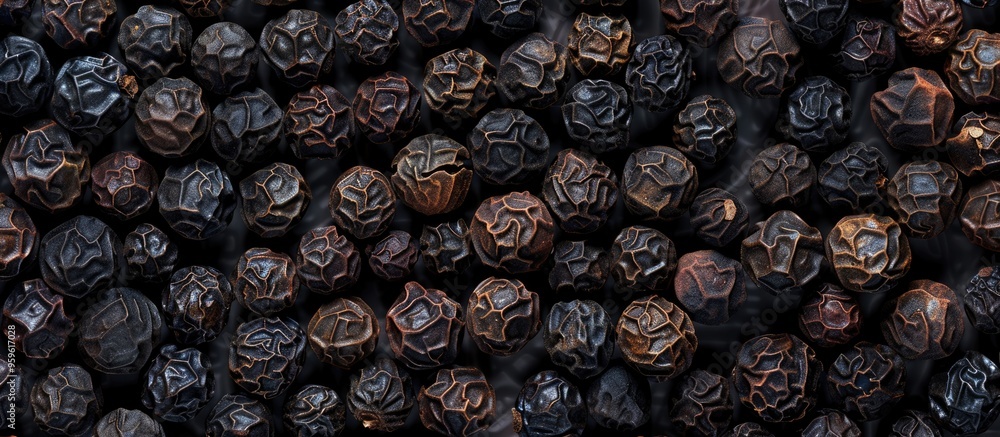 Obraz premium Background of black dry peppercorns Macro photography. Copy space image. Place for adding text and design
