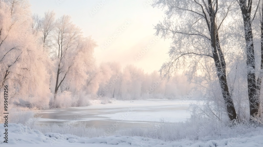 A snowy winter scene with a frozen lake and a forest of trees covered in frost. A snowy winter scene with a frozen lake and a forest of trees covered in frost.