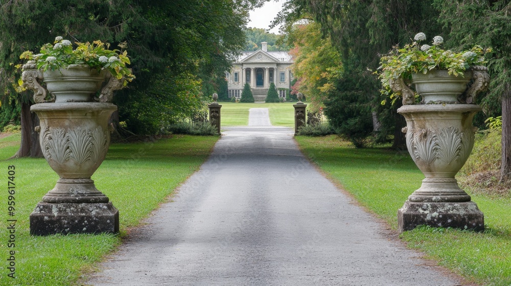 A pair of urns with elegant carvings, positioned symmetrically on either side of a driveway leading to a stately home. A pair of urns with elegant carvings, positioned symmetrically on either side of a driveway leading to a stately home.