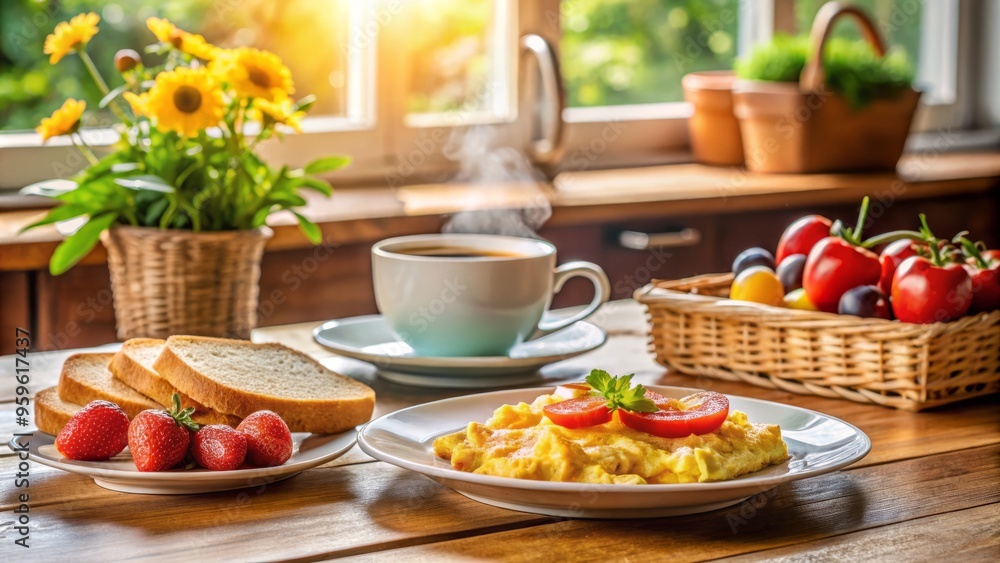 a photo image of a warm sunny kitchen atmosphere with a delicious spread of breakfast goodies including scrambled eggs toast fresh fruit and a steaming cup of coffee a photo image of a warm sunny kitchen atmosphere with a delicious spread of breakfast goodies including scrambled eggs toast fresh fruit and a steaming cup of coffee