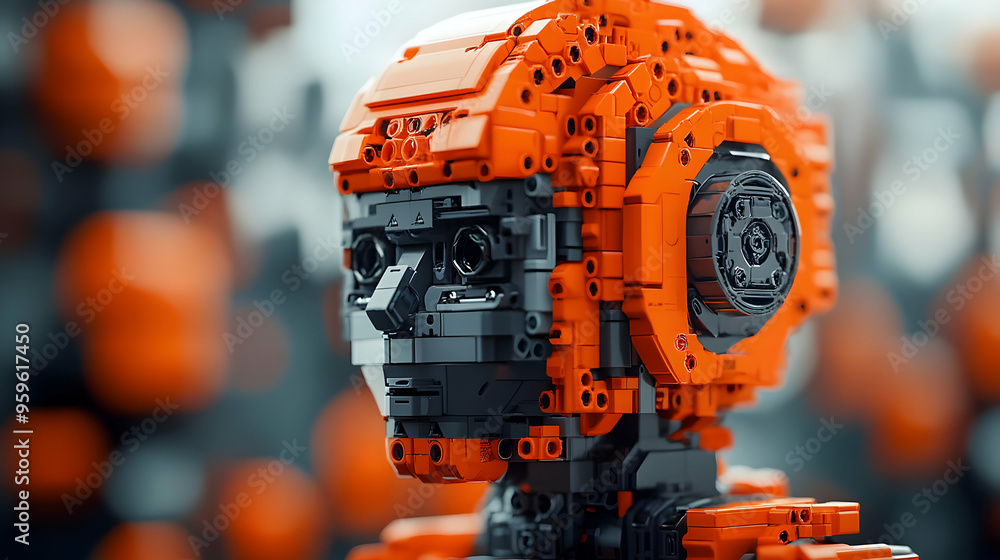 Close-up of a robotic head made from colorful building blocks. Close-up of a robotic head made from colorful building blocks.