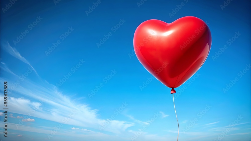 Red heart-shaped balloon symbolizing love and romance floating against a clear blue sky Red heart-shaped balloon symbolizing love and romance floating against a clear blue sky