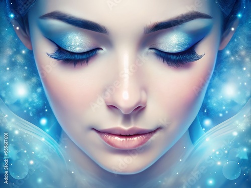 A photo image of serene and serene eyes with subtle crescent shape and gentle eyelids, surrounded by soft facial features in various shades of blue.