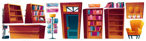 Book shop furniture and goods set isolated on white background. Vector cartoon illustration of literature on bookstore shelves, postcard rack, yellow armchair, cash register, wooden counter, souvenirs