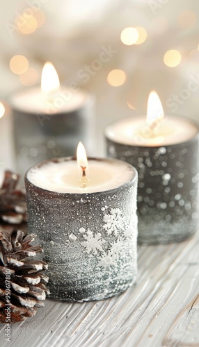 Three decorative candles with soft flames and pine cones, creating a cozy atmosphere with blurred lights in the background.