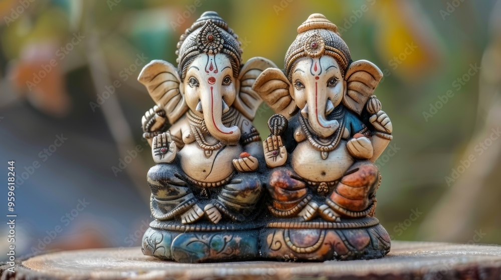 Fototapeta premium Indian couple celebrating ganesh chaturthi with a ganesha sculpture in hand, embracing tradition