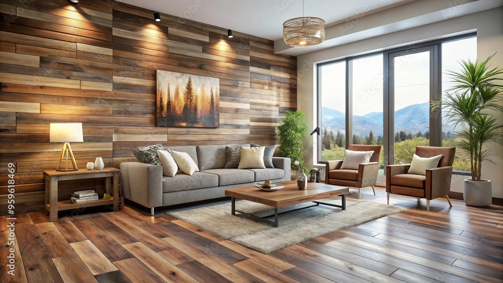 photo image of warm and cozy living room with vinyl flooring and wooden planks as accent walls photo image of warm and cozy living room with vinyl flooring and wooden planks as accent walls