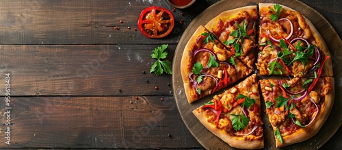 Homemade BBQ Pizza A tasty butter chicken pizza featuring red pepper red onion capsicum and cilantro Pizza slice isolated on a cutting board from a top view Italian fast food Delicious fast food Amer photo