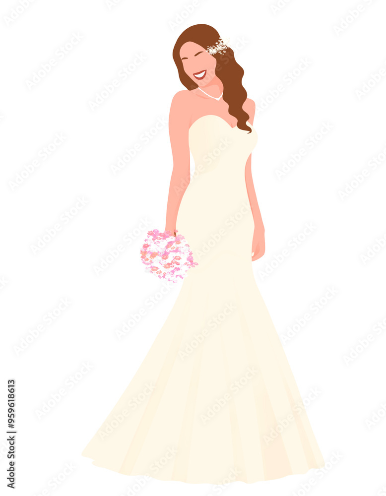 Illustration of a woman in a white wedding dress holding a bouquet, radiating elegance and grace, perfect for bridal, wedding, and lifestyle content