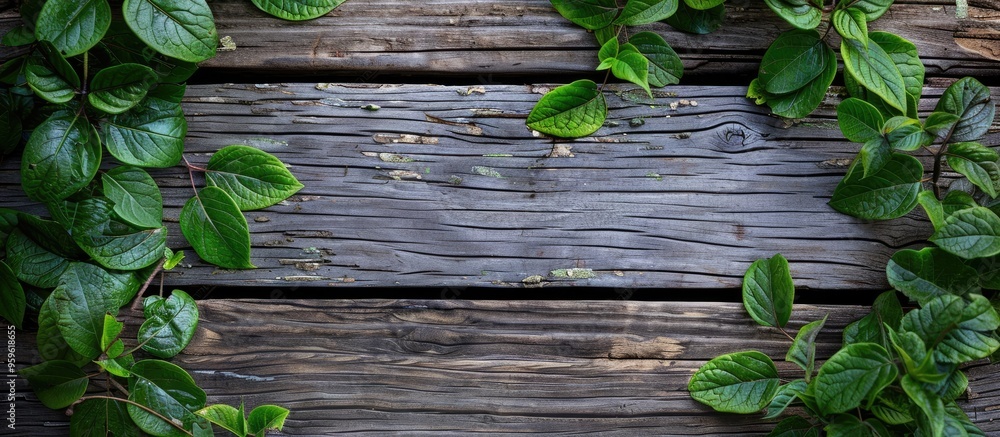 green leaves on weathered wood background. Copy space image. Place for adding text and design green leaves on weathered wood background. Copy space image. Place for adding text and design