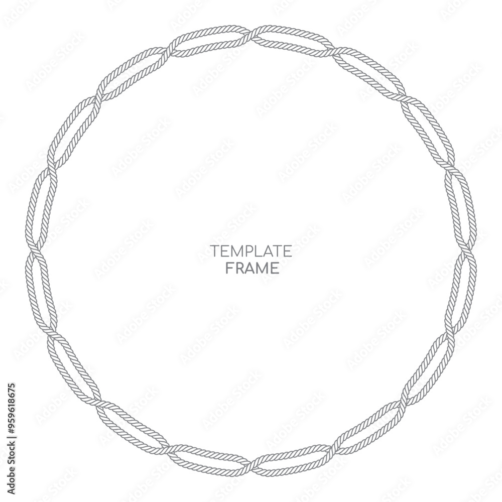 Vector circle frame made of a thick, knotted rope. The rope is gray color and the background is white. Vector circle frame made of a thick, knotted rope. The rope is gray color and the background is white.