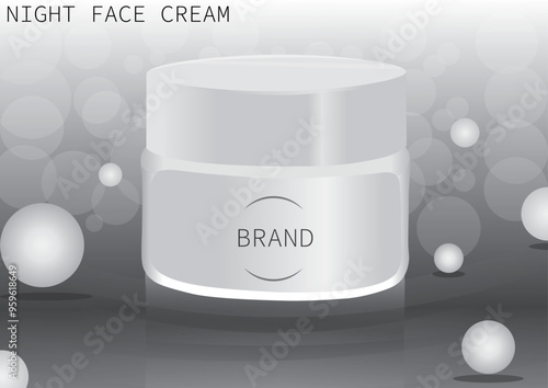 Vector cosmetic promo poster for make-up remover. White plastic bottle and carton pack for micellar water stands on wavy water surface on white glowing background with air bubbles Mock up for magazine