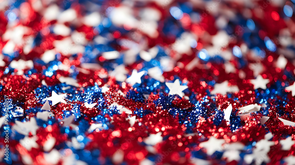 Colorful red, white, and blue star-shaped glitter on a surface. Colorful red, white, and blue star-shaped glitter on a surface.