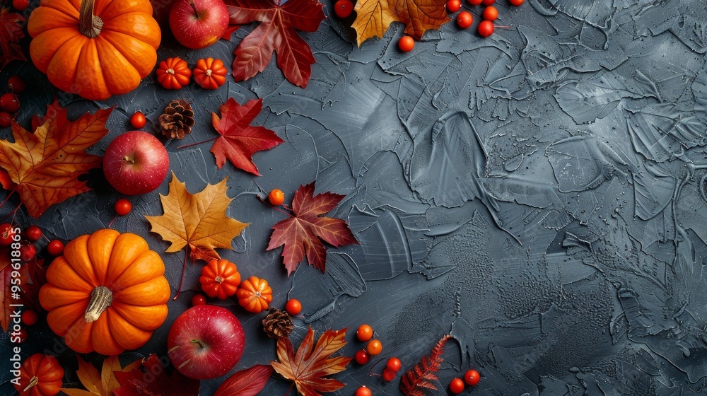 Thanksgiving and Autumn decoration concept made from autumn leaves and pumpkin on stone background. Flat lay, top view with copy space. Thanksgiving and Autumn decoration concept made from autumn leaves and pumpkin on stone background. Flat lay, top view with copy space.