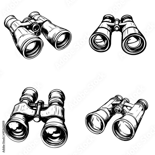 Vintage Binoculars Four Hand-Drawn Illustrations
