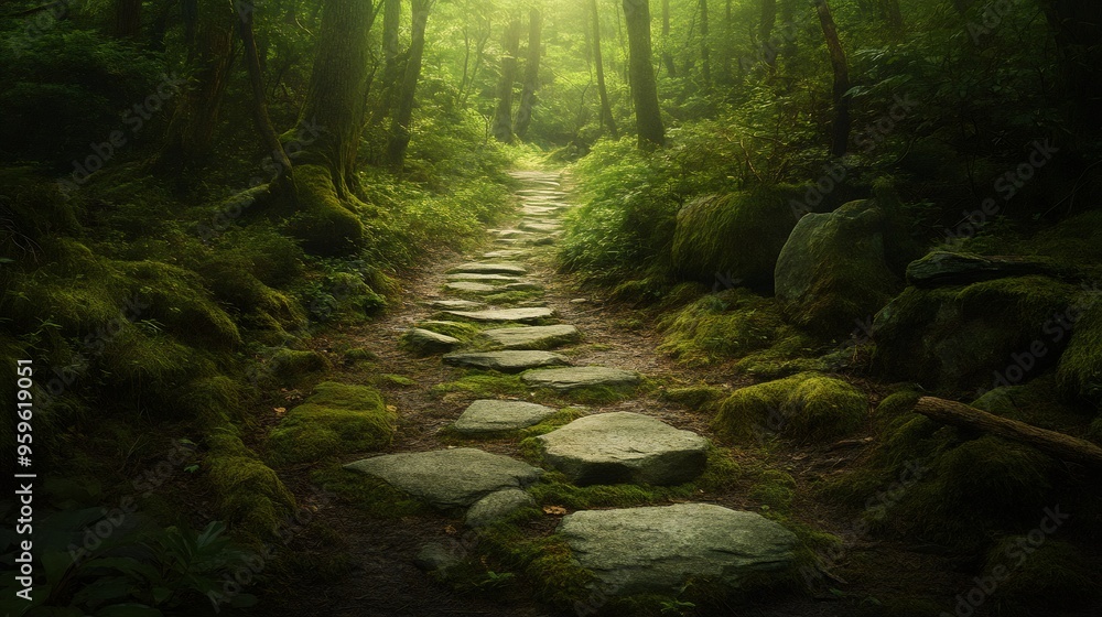 A stone path leads through a lush, mossy forest.