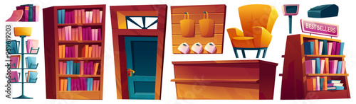 Bookstore interior furniture and equipment cartoon vector set - literature for read and education on racks and showcase, armchair, counter bar with cash register, entrance door, accessories for sale.