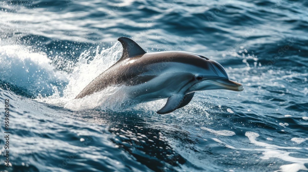 Fototapeta premium A playful dolphin surfacing next to a boat, with its sleek body and curious eyes clearly visible above the water