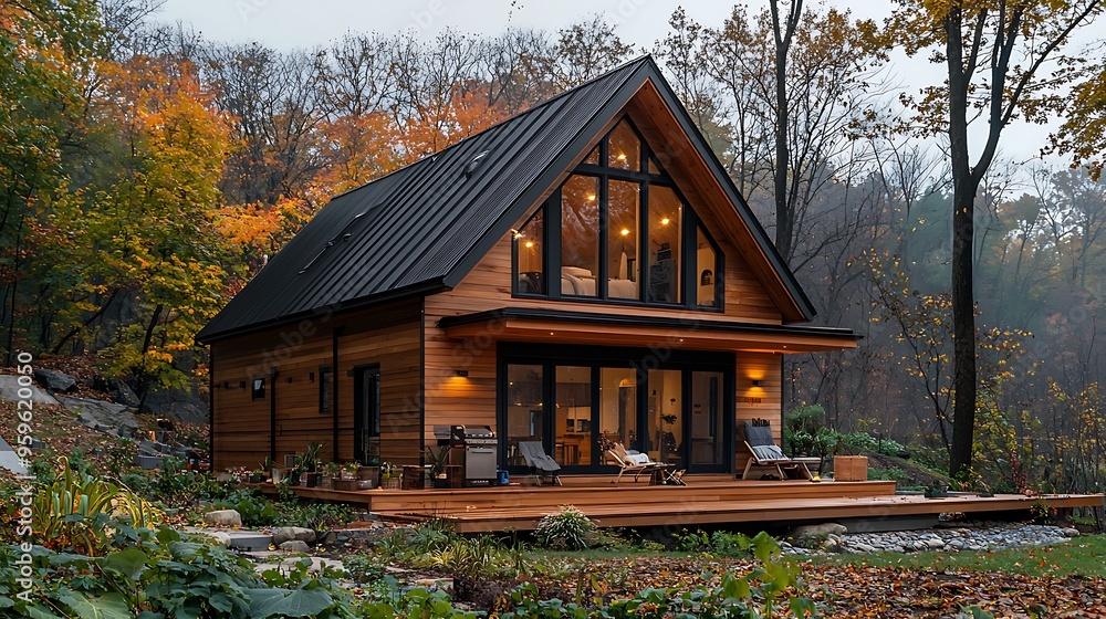 A modern A-frame cabin with a deck, nestled in an autumn forest, combining cozy architecture with nature. A modern A-frame cabin with a deck, nestled in an autumn forest, combining cozy architecture with nature.