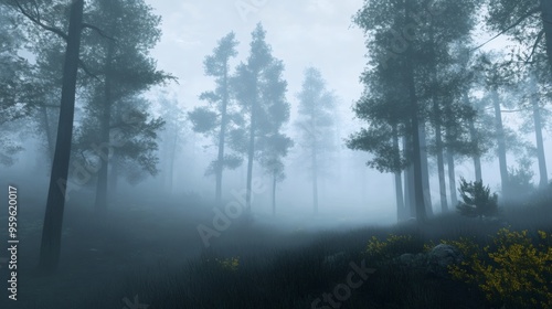 A thick fog hangs low in a forest, obscuring the tall trees and creating a sense of mystery.