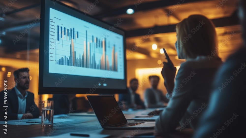 A professional presenting a business graph on a digital projector during a board meeting, with colleagues attentively observing. A professional presenting a business graph on a digital projector during a board meeting, with colleagues attentively observing.