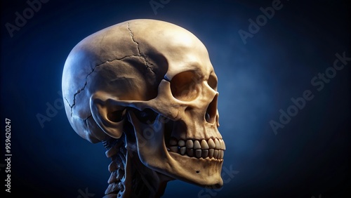 a photo image of a skeletal skull visible from the side, with the jawbone and eye socket prominent, set against a dark blue background photo