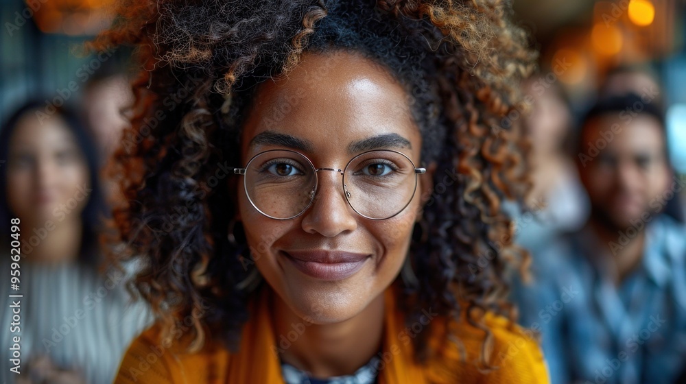 A woman with curly hair and glasses is smiling at the camera A woman with curly hair and glasses is smiling at the camera
