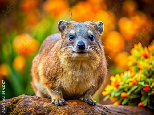 The hyrax stands tall, its greyish-brown fur glistening in the sun, ear tufts erect, whiskers twitching, and beady eyes alert, against a vibrant green backdrop. photo