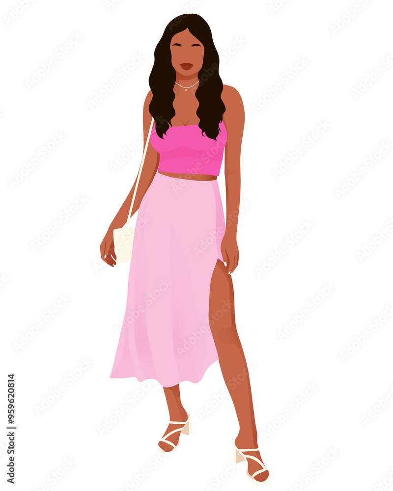 Illustration of a Black woman in a stylish vacation outfit, showcasing confidence and elegance, perfect for travel, fashion, and lifestyle content.