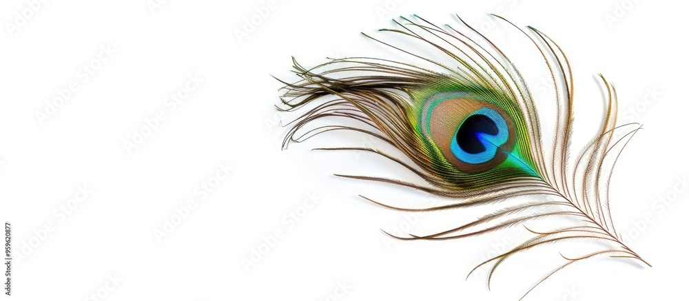 Obraz premium peacock feather on a white background with text copyspace