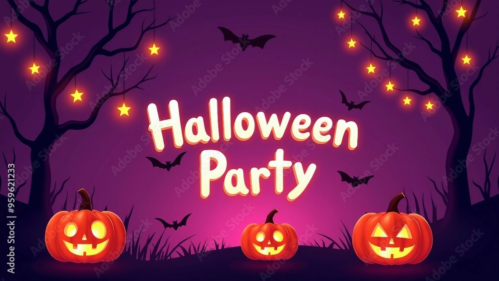 Halloween Party Invitation with Pumpkins, Stars, and Bats Halloween Party Invitation with Pumpkins, Stars, and Bats