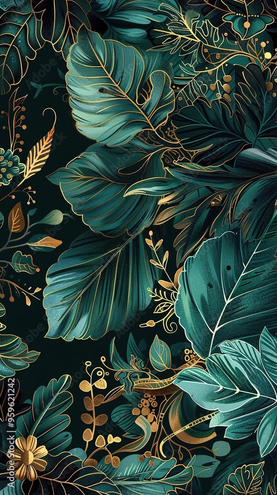 Lush foliage with golden details on dark background Lush foliage with golden details on dark background