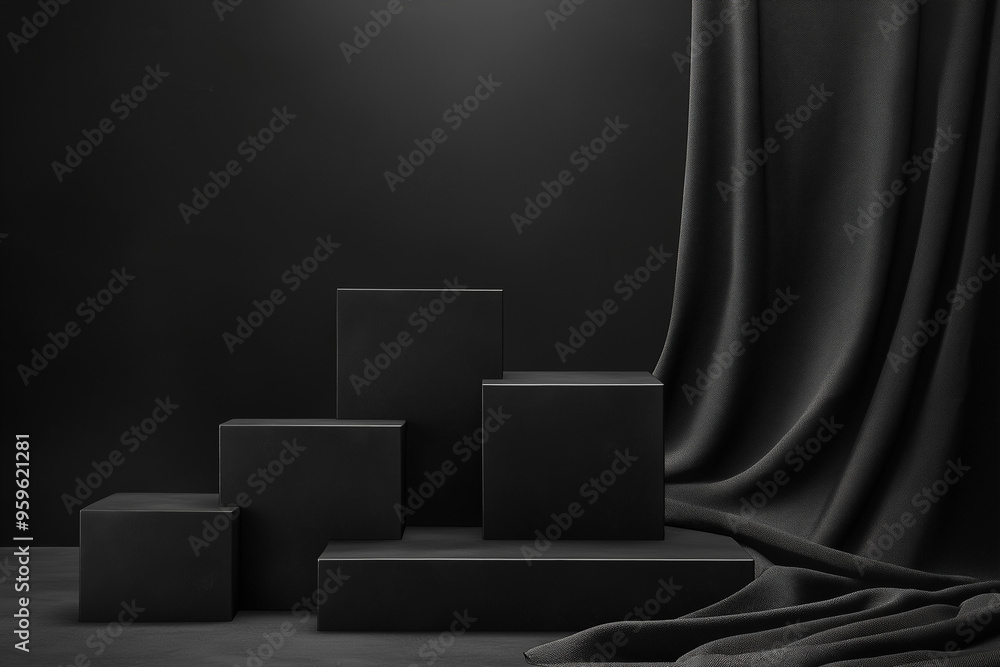 Abstract black background with cube-shaped podiums and fabric drape Abstract black background with cube-shaped podiums and fabric drape