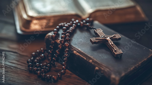 A Christian cross, rosary beads, and a Bible lay on the table.