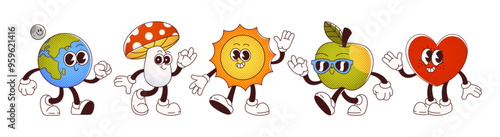 Cute groovy cartoon characters. Comic retro vector mascot with funny faces, hands and legs - Earth globe with moon, mushroom with red dotted cap, sun with burst, green apple in sunglasses, heart.