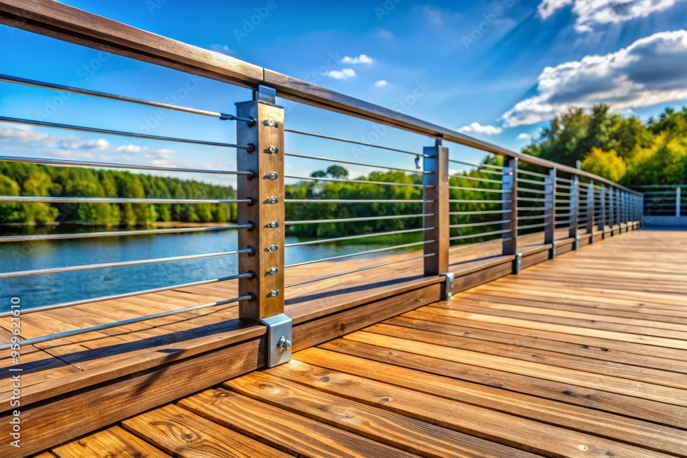 A photo image of a wooden deck with horizontal rails made of weathered wood, wrapped around the edges with metal brackets, on a sunny day A photo image of a wooden deck with horizontal rails made of weathered wood, wrapped around the edges with metal brackets, on a sunny day
